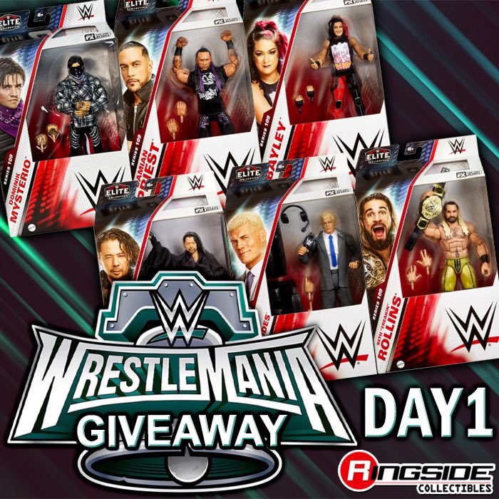 🔔 WM40 DAY 1 GIVEAWAY! 🔔 Enter our #WrestleMania40 Day 1 Giveaway Contest for your chance to win a Complete Set of @Mattel @WWE Elite 109! Featuring Dominik Mysterio, Damian Preist, Bayley, Shinsuke Nakamura, Cody Rhodes & Seth Rollins! To enter: - Must be following