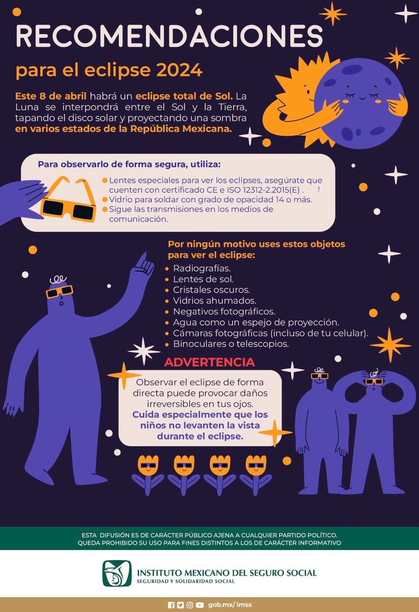 Este 8 de abril habrá un eclipse total de sol 🌚🌞. 

Mira nuestras recomendaciones para observarlo de forma segura.

❌Recuerda que observar el eclipse de forma directa puede provocar daños irreversibles en tus ojos.