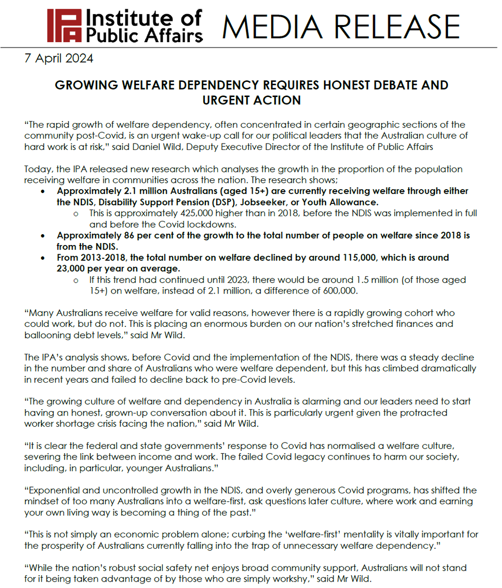 “The growing culture of welfare and dependency in Australia is alarming and our leaders need to start having an honest, grown-up conversation about it.” New IPA research shows Australians on welfare has jumped by 425,000 since pre-Covid and pre-NDIS levels #auspol