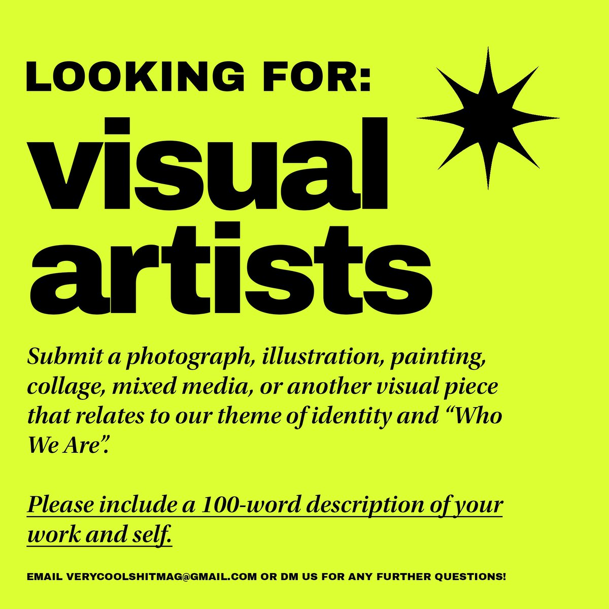 verycoolshitmag's tweet photo. we are taking submissions for a visual showcase in our debut issue: ISSUE 1: WHO WE ARE! we invite talented creatives &amp; artists of all mediums to submit pieces related to identity!

applications are open through april 13th. link in our bio. 

#ArtistOnTwitter #opencall #ApplyNow https://t.co/VL3Ijyz6x4