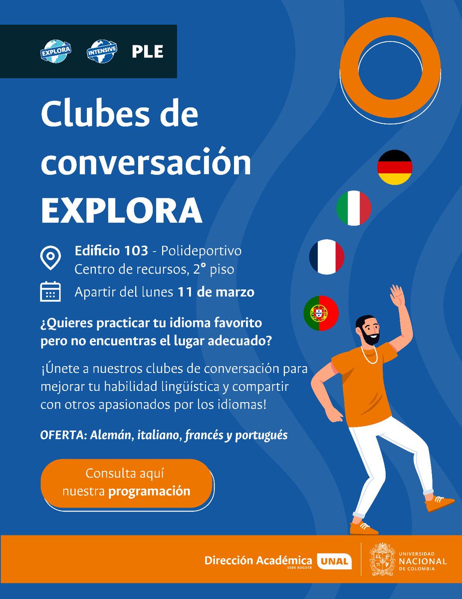 📣 ¡Atención comunidad egresada UNAL! 🎓 ¿Quieres practicar y mejorar tus habilidades en idiomas? La Dirección Académica te invita cordialmente a los clubes de conversación 🌍 Consulta aquí la programación: bit.ly/3TIaTaC 📝 Cupos limitados