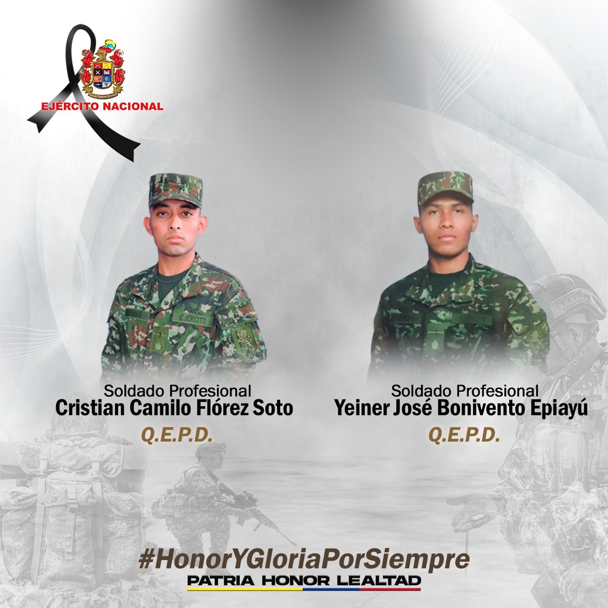 Rechazamos el asesinato de nuestros soldados Cristian Flórez y Yeiner Bonivento en un ataque de la subestructura Rodrigo Cadete del EMC en el departamento del #Huila mientras cumplían tareas de estabilidad y seguridad para los habitantes de la región.
#HonorYGloriaPorSiempre