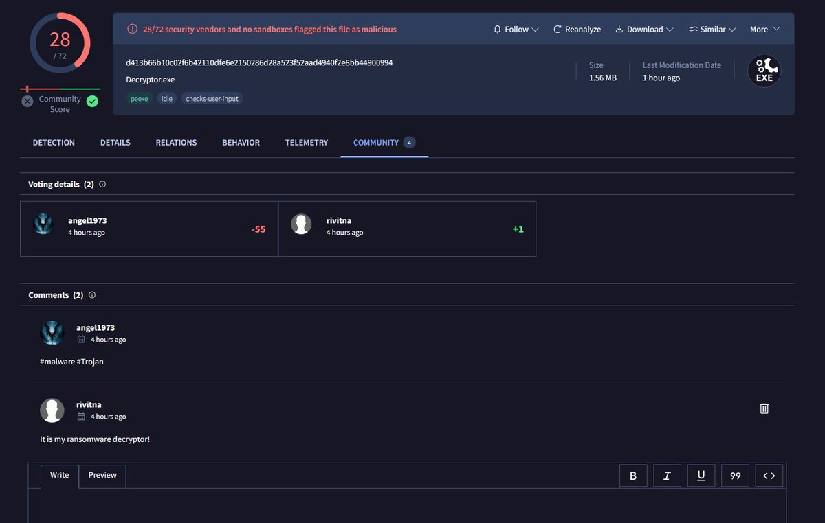 rivitna2's tweet image. It turns out I'm a malware developer! :-)
I understand when antivirus programs trigger a false alarm.
But when these experts give their verdict... How can they be trusted?
#Ransomware #Decryption