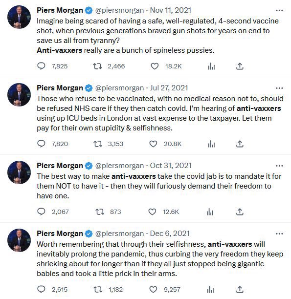 goddek's tweet photo. Hey @piersmorgan, you discriminated against the unvaccinated for three years, and when I posted screenshots of your vile tweets, you blocked me instead of offering an apology.

Why are you so afraid to debate me respectfully about the statements you made? https://t.co/8ve3ZTr3r2