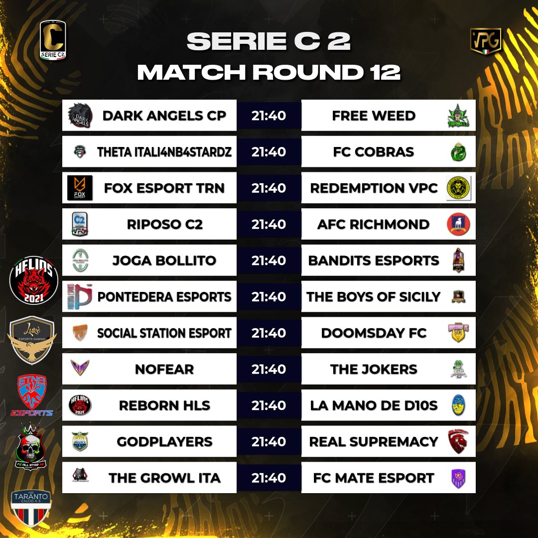 ⚽️Accoppiamenti Serie C1 / C2 📊Giornata 1⃣2⃣ Sponsor by @LukeeSportsGam @EtnaeSports @FCAllStar_30 @REBORNHLSPs5