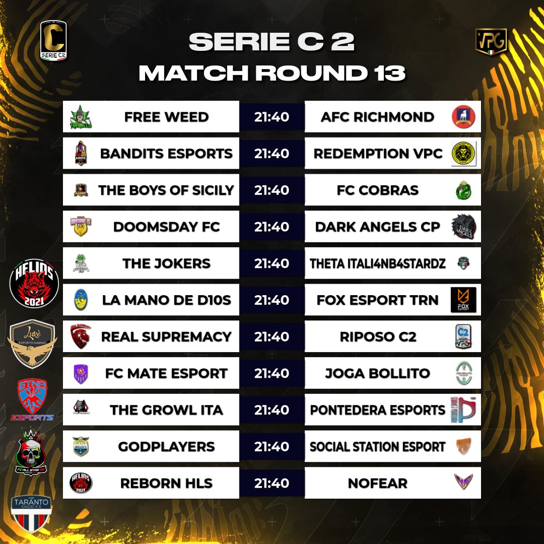 ⚽️Accoppiamenti Serie C1 / C2 📊Giornata 1⃣3⃣ Sponsor by @LukeeSportsGam @EtnaeSports @FCAllStar_30 @REBORNHLSPs5