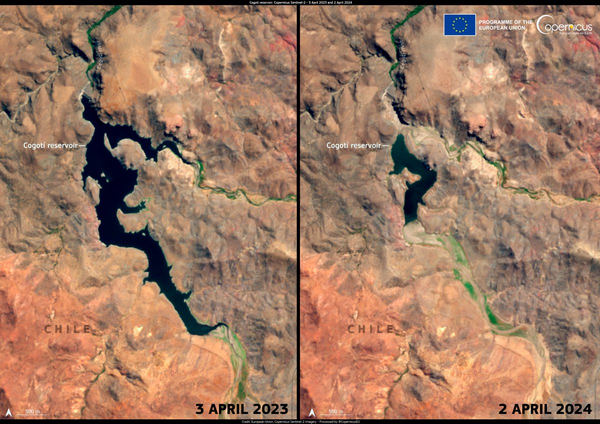 The #Cogotí #Reservoir in #Chile - a vital water source for the #Coquimbo region, is currently experiencing one of the most severe droughts in 15 years, causing the reservoir to dry up. You can't run a modern society without huge amounts of freshwater.