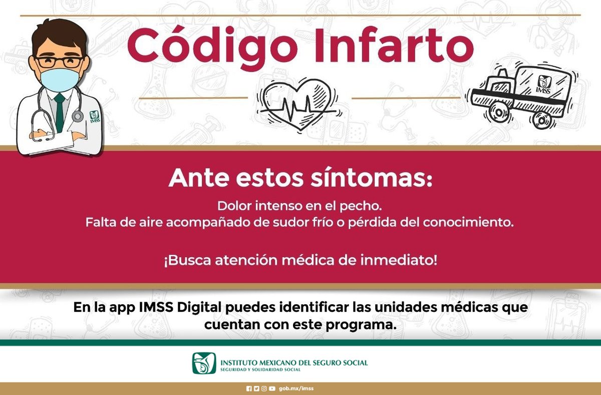 Código Infarto | Dolor intenso en pecho, falta de aire, sudor frío o pérdida del conocimiento.

¡Busca atención médica de inmediato! 🏥