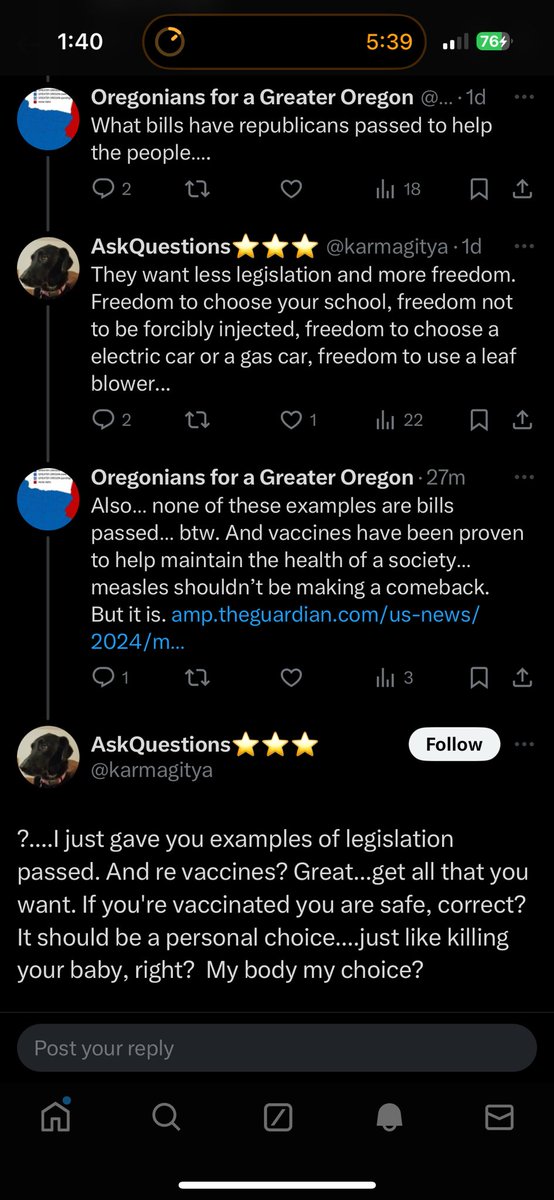 OregoniansforGO's tweet photo. @karmagitya @Random_Walk_PDX @KATUNews What bills have REPUBLICANS passed that help the people…? 
You posted about leaf blowers… 
No, vaccines are most affective when the majority of the community is vaccinated. It’s called herd immunity. I feel like you need to take a couple of biology and anatomy classes… 🙃 https://t.co/LBac1olfyW