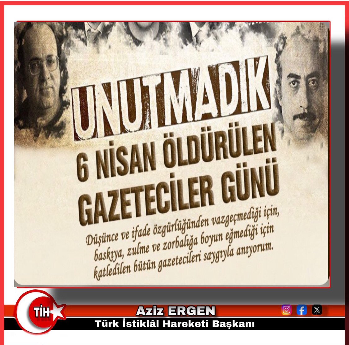 6 Nisan 1909’da öldürülen Hasan Fehmi Bey’den 2022 yılına kadar, Türkiye’de 115 yılda, Demokrasi, insan hakları ve özgürlük mücadelesinde, hayatını kaybeden tarafsız ve dürüst basın emekçileri olan 67 gazeteciyi saygı ve rahmetle anıyoruz.? #6NisanÖldürülenGazetecilerGünü