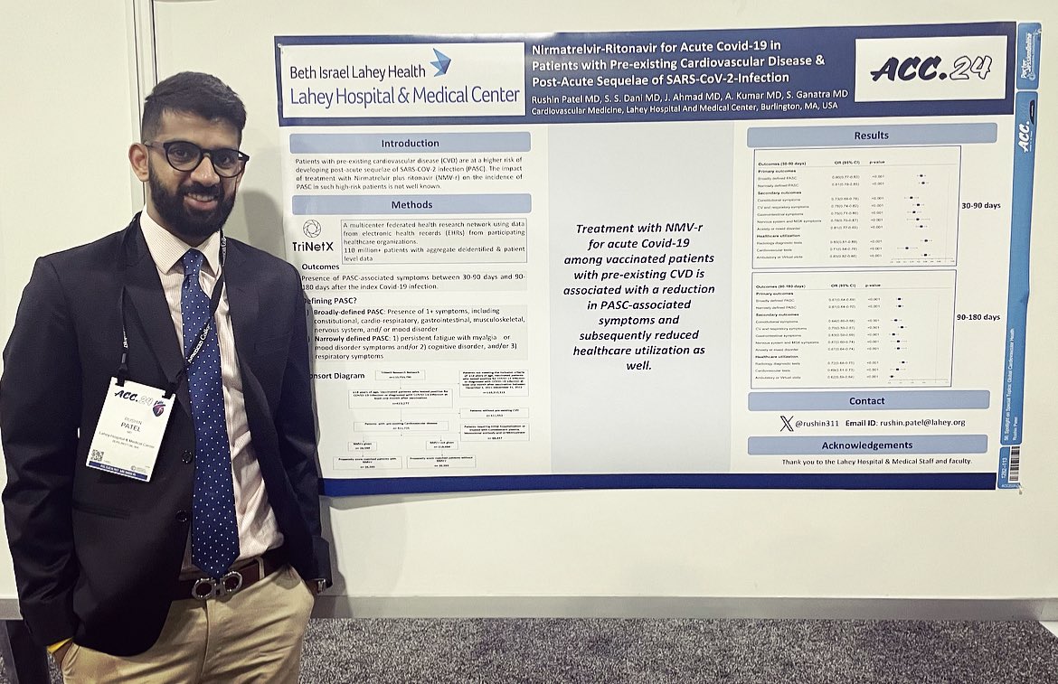 Excited to present at @ACCinTouch #ACC24! #NMVr is associated with decreased risk of #LongCovid in patients with pre-existing CVD. Manuscript coming soon in #JACCAdvances. @JACCJournals @SarjuGanatraMD @SaurabhSDani @JavariaahmadMD @LaheyResearch