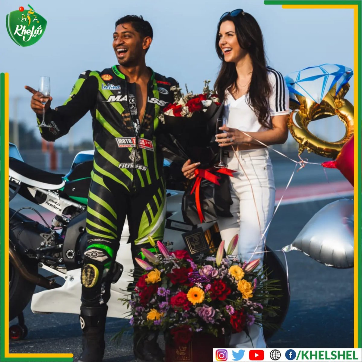 khelshel's tweet image. Reviving up for a lifetime adventure together! Embracing love on the fast track with a proposal like no other. Pakistan's first professional motorbike racer Usman Ghani.

#LoveOnWheels #UniqueProposal #UsmanGhani #Motorbikeracer #DubaiAutodrome #Pakistan