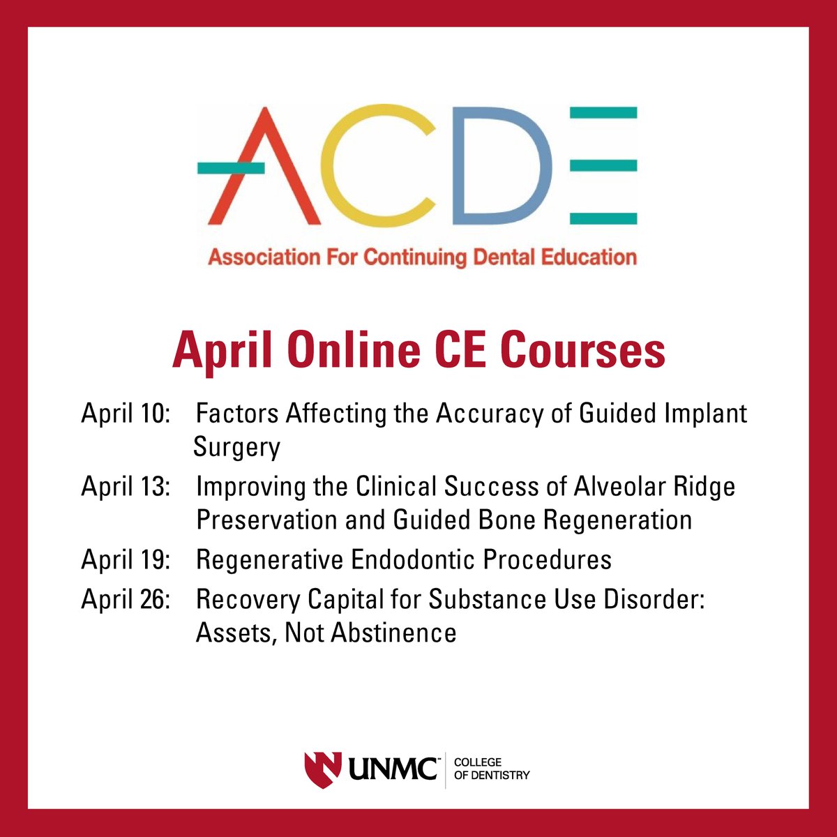 The College of Dentistry has partnered with the Association for Continuing Dental Education to offer online continuing education courses to meet every dental health care professional’s interests & schedule. See course descriptions & register here: bit.ly/4cJVf7k #iamunmc