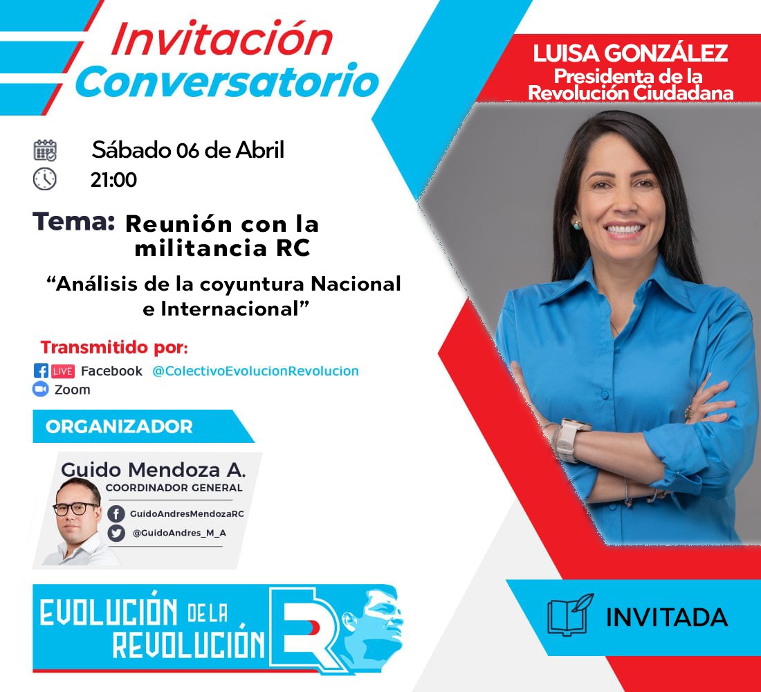 ‼️Atentos hoy 21h00 🇪🇨⏱️ en la Evolución de la Revolución estaremos con la Presidenta de la <a href="/RC5Oficial/">Revolución Ciudadana</a> <a href="/LuisaGonzalezEc/">Luisa González</a>, con quien compartiremos un conversatorio junto a la militancia donde realizaremos un 
"Análisis de la coyuntura Nacional e Internacional"
<a href="/MashiRafael/">Rafael Correa</a>
