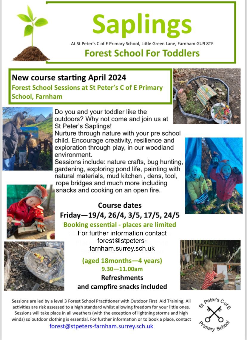 Start new term with outdoor leaning and fun with your little one! Open to all toddlers in the community- no need to have a link with St Peter's. See below to sign up @farnhamherald @EarlyExcellence @ForestSchools @ForestSchoolUK #EYFS #CommunityEngagement