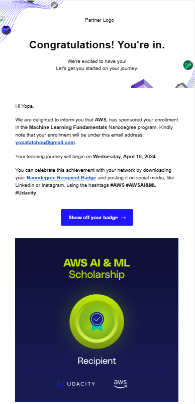 🥳💫I DID IT! Selected for the Final Round of the @awscloud  (AWS) & @udacity  AI/ML Scholarship Program! 

#AI #MachineLearning #Scholarship #Udacity #AWS #NeverStopLearning  #DreamJobHereICome 🙌