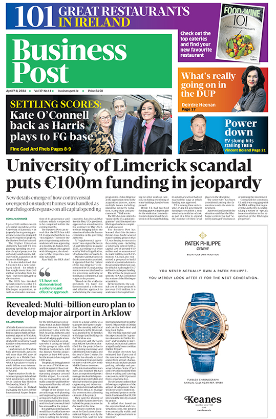 Tomorrow’s front page. Pick up a copy in stores or subscribe at businesspost.ie: 🗞️ University of Limerick spending scandal puts €100m projects in doubt 🗞️ Shelbourne Hotel buyer’s plans for €40m renovation 🗞️ Middle East investors eye up new Wicklow airport