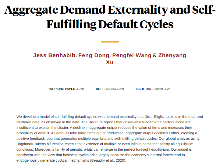 A model of self-fulfilling default cycles with demand externality a la Dixit-Stiglitz explains the recurrent clustered defaults observed in the data, from Jess Benhabib, Feng Dong, Pengfei Wang, and Zhenyang Xu nber.org/papers/w32291