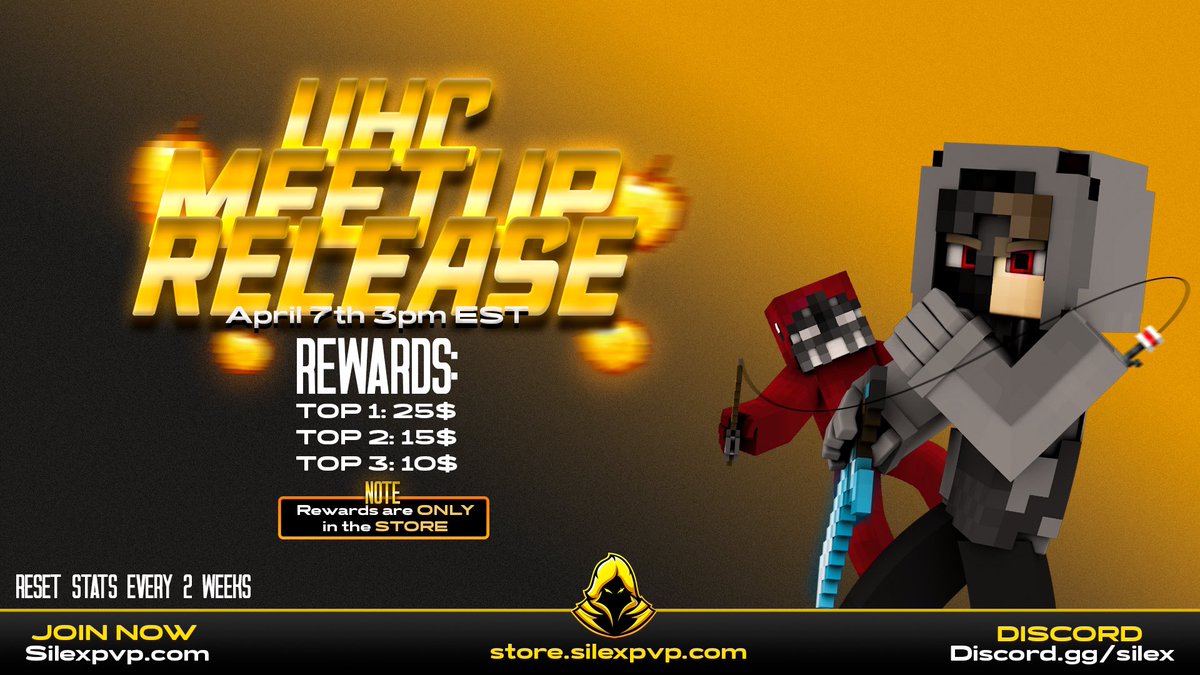 🍎Prepárate para la acción! ¡Mañana a las 3pm EST, nuestra nueva modalidad UHC Meetups llega al servidor! ✨

En honor a la apertura estaremos sorteando:
- 3x 1000 coins
- 1x Kryp 

Like💟+ RT🔁
Follow <a href="/SilexNET/">Silex Network</a> &amp; <a href="/SilexGameFeed/">UHC-Silex</a> 
Únete a discord.gg/Silex
Tagea a 2 Amigos