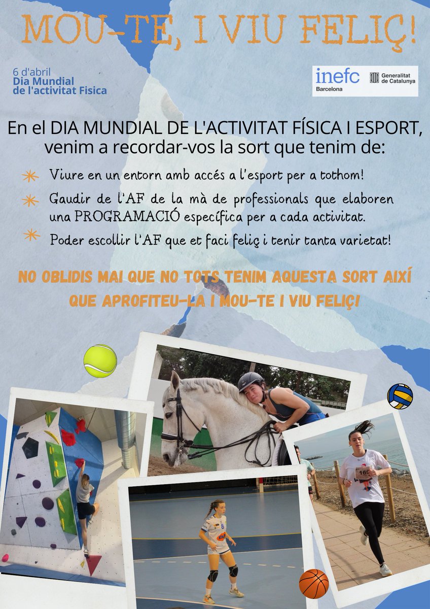 DIA MUNDIAL DE L'ACTIVITAT FÍSICA I ESPORT 🚴‍♀🤸‍♂

🗣️Avui, des de la facultada de ciències de l'esport de Barcelona, t'animem que et sumis a aquest gran estil de vida i... mou-te viu feliç!!! 💯😃

#DMAF2024 #mouteiviufeliç #24peafeinefc