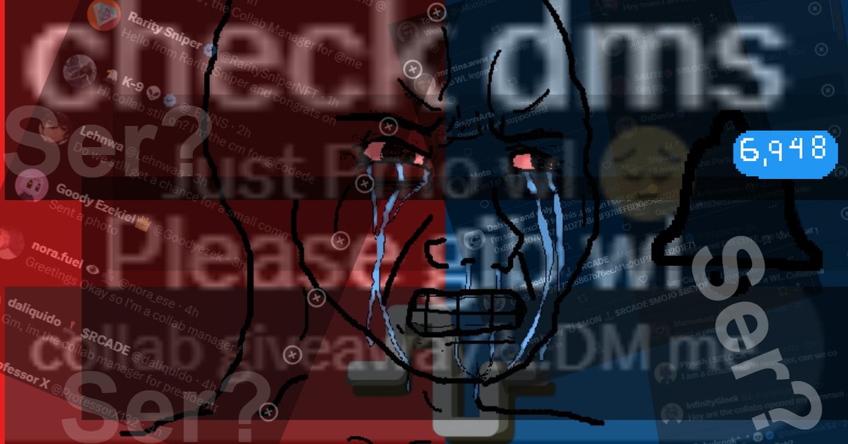 Collabs is officially closed! 

After this tweet, there will be no new alpha group collabs!

You have until tomorrow at 5 PM EST to submit wallets for ongoing collabs, and any wallets submitted after that date will not be added to the contract.

(Thats not wojak its me) 🥷