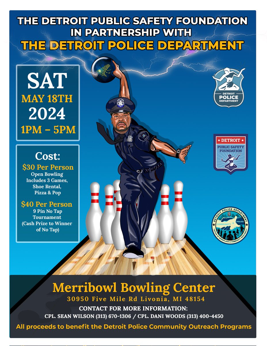 🎳 Where are all the bowlers at? Join members of the Detroit Police Department for an afternoon of fun and comradery, food and prizes. Can't wait to see who leaves with the trophy.