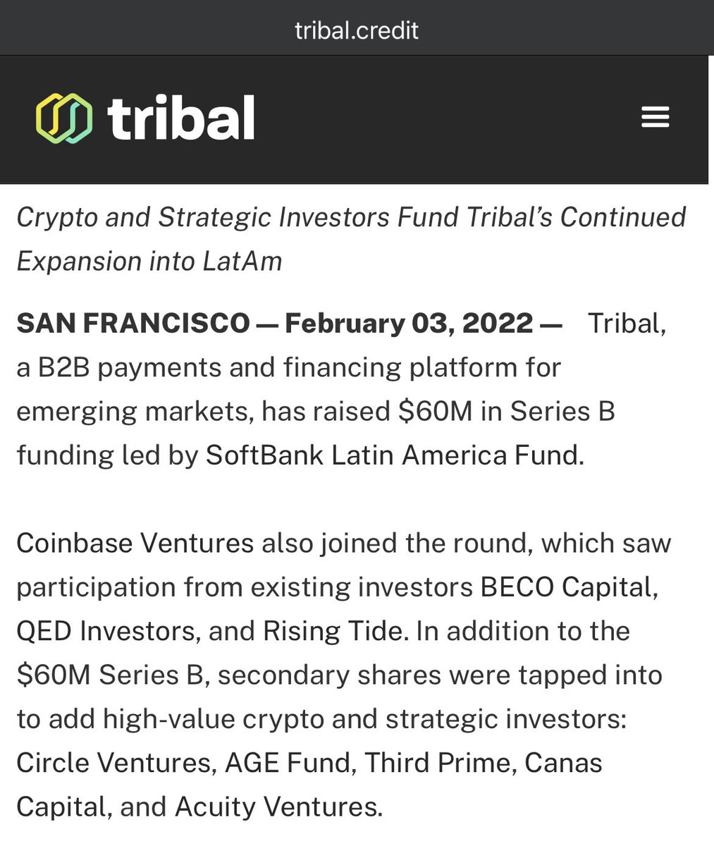 fuzzxbt's tweet photo. 2/ Tribal Finance is a platform that links institutional investors and secure lending opportunities provided by top fintech firms worldwide. They raised over $60 million in an undisclosed funding round in early 2022 backed by @cbventures, @SoftBank, @shimacapital and @circle https://t.co/1Fs8BOuBXn
