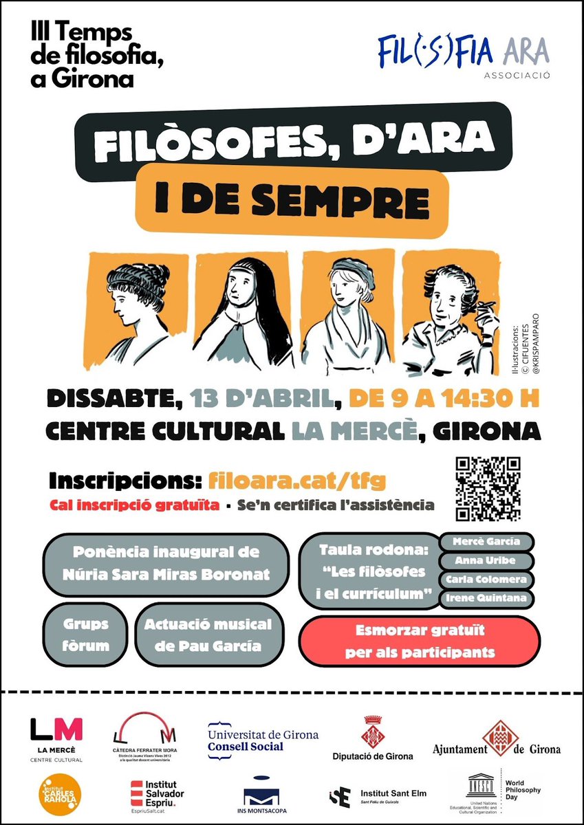 🗣️ FILÒSOFES, D’ARA I DE SEMPRE 🗓️ Conferència de @nsmirasboronat, grups de treball, taula rodona «Les filòsofes i el currículum», i moltes sorpreses més! 🕗 Dissabte, 13 d'abril, de 9 a 14.30 📍Centre cultural La Mercè, de Girona ℹ️ Més informació: sites.google.com/xtec.cat/filoa…