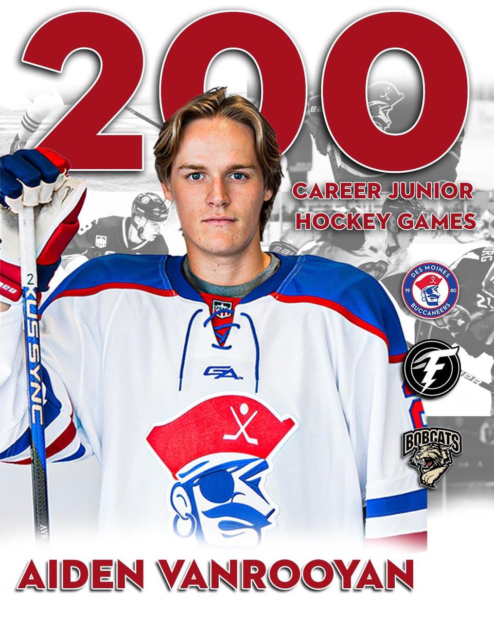 Congratulations to Bucs player Aiden VanRooyan as today is his 200th junior hockey game! Aiden previous played in the NAHL playing for the Bismarck Bobcats. In the USHL Aiden spent a season in Fargo and has been a Des Moines Buccaneer for two seasons now! Congrats Aiden!