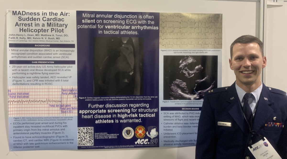 Congratulations John-Henry Dean on presenting your poster at #ACC2024 in ATL! @txchapteracc @ACCmediacenter @MilitaryHealth @usairforce #MAD #VF #cardiacarrest