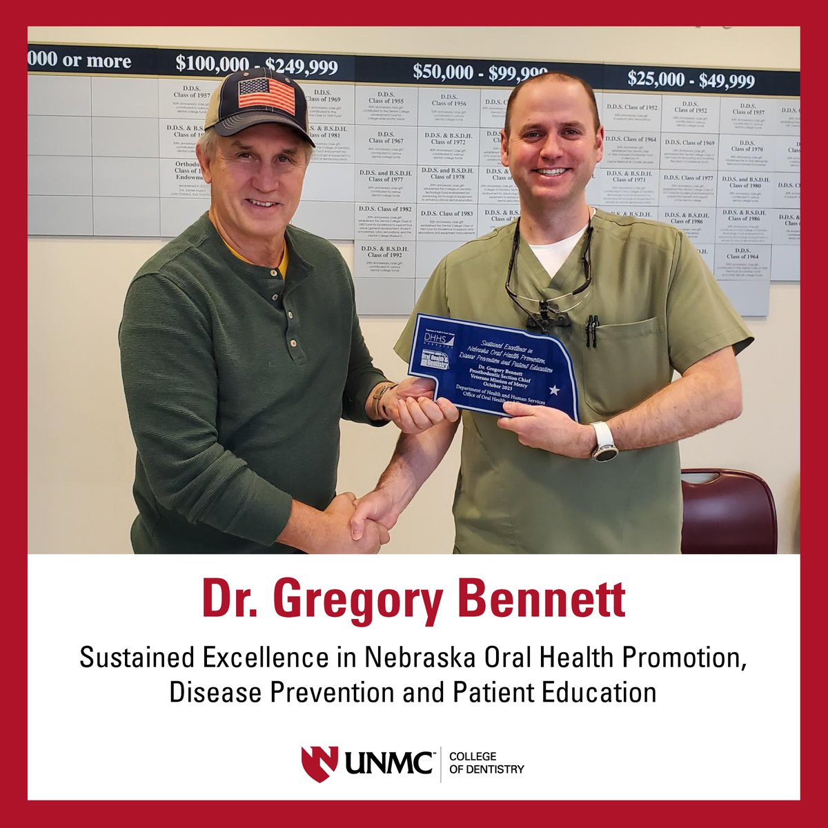 Gregory Bennett, DMD, assistant professor, was recognized by the DHHS Office of Oral Health and Dentistry for his contributions to the 2023 Veterans Mission of Mercy (MOM) event where 309 veterans and their spouses received free dental care, including free dentures. #iamunmc