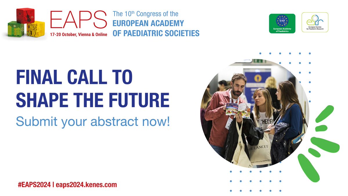 Last day of abstract submission alert! 📢 #EAPS2024 abstract submission closes tomorrow. 📍 With hundreds of abstracts already in & more drafts on the way, excitement is high. Let's make EAPS 2024 unforgettable. 🔗 Submit now: bit.ly/4agvOZg @espr_esn @EAPaediatrics