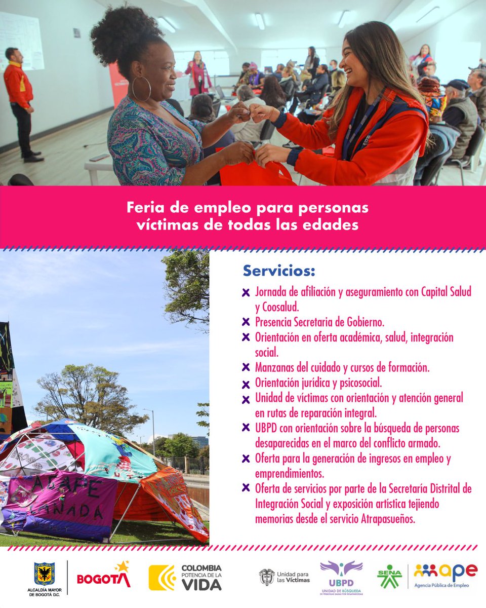 Si eres víctima del conflicto armado y vives en Bogotá, te invitamos a participar en la Feria de Servicios: Tejiendo Acceso para el Bienestar Local. 📝Inscríbete aquí: shorturl.at/tBCG3

🗓️9 de abril.
⏰10:00 a.m.
📍@centromemoria
#BogotáTejidoDePaz