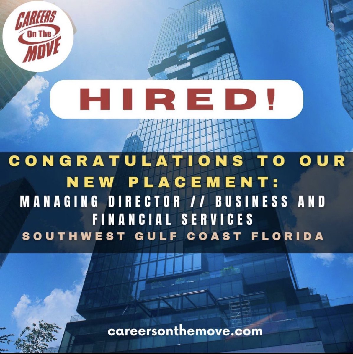 #CareersOnTheMove #HIRED #ManagingDirector #Florida Congratulations to our Managing Director placement on creating #business opportunities in the Southwest Gulf Coast of Florida! #congratulations #careergoals #successstory #jobannouncement #gulfcoast #sunshinestate