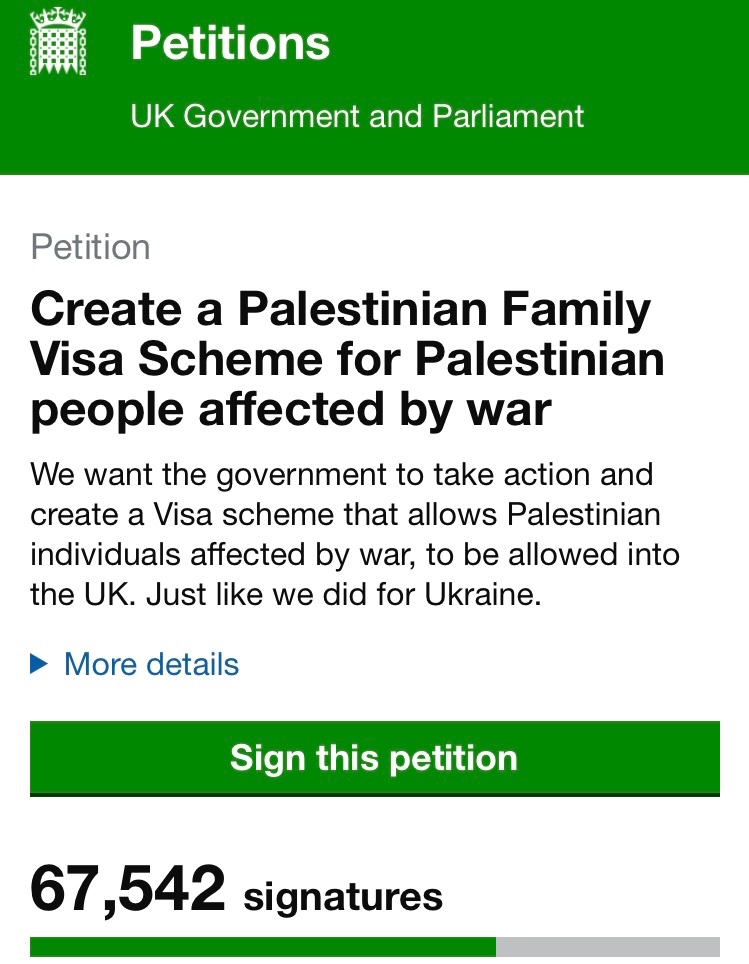 🚨 We’ve got 12 days to get this urgent petition to 100k signatures. We know we can do this! We need a Gaza Family Scheme that would reunite families & offer sanctuary until it is safe to return. Sign + click on the link sent via email after to confirm: petition.parliament.uk/petitions/6485…