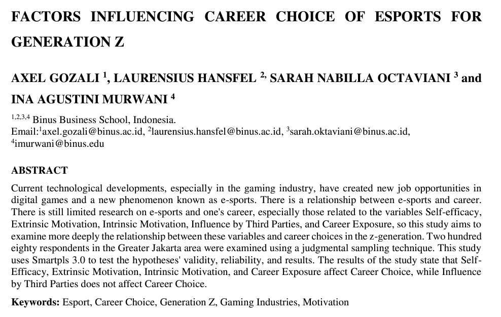 New citation of our #esportsresearch:

FACTORS INFLUENCING CAREER CHOICE OF ESPORTS FOR GENERATION Z

#EsportsEDU #EsportsJobs #EsportsCareer

Full text: academia.edu/108439906/Fact…