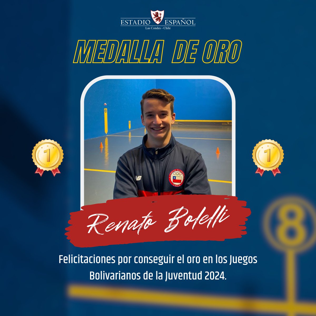 🥇Felicitamos con enorme orgullo a nuestro socio y destacado pelotari, Renato Bolelli, por su brillante logro: ¡medalla de oro en los Juegos Bolivarianos de la Juventud 2024! Este triunfo no solo es un honor para Estadio Español, sino también para Chile. 🇨🇱✨ #EstadioEspañol