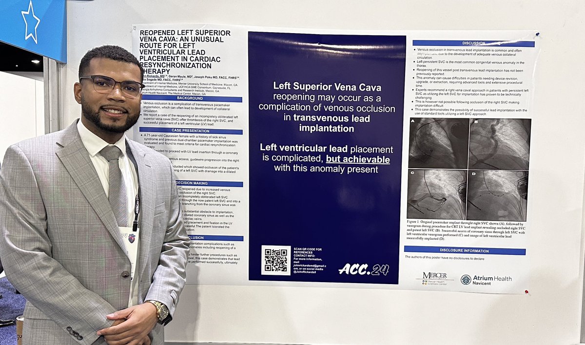 Great experience presenting this complex electrophysiology clinical case at #ACC24 and connecting with my amazing peers in the field of cardiology 🫀#EPeeps #ACCIMProgram #ACC24 #MercerSchoolofMedicine