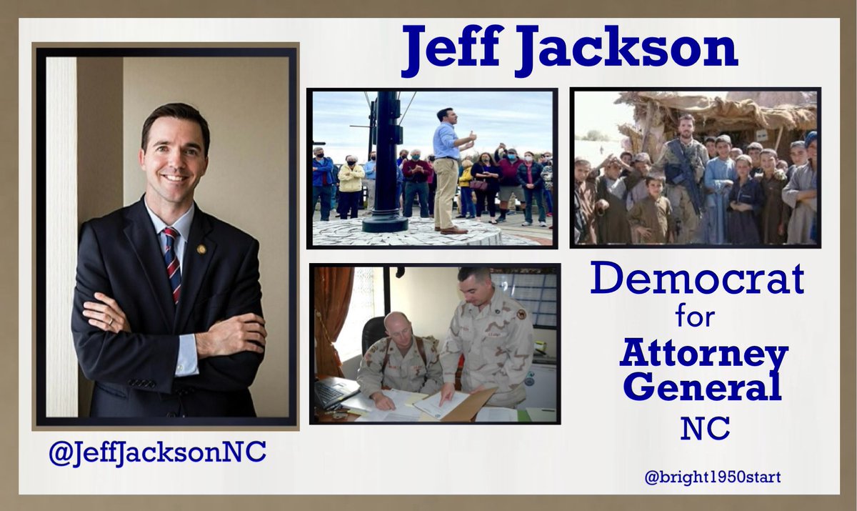 Fmr prosecutor and veteran, Jeff Jackson is serving Ist term in Congress, NC #14. The GOP gerrymandered him out of his seat. Therefore, @JeffJacksonNC is running for NC State Atty Gen. 
jeffjacksonnc.com

#DemVoice1 #LiveBlue #ResistanceUnited #OneVoice