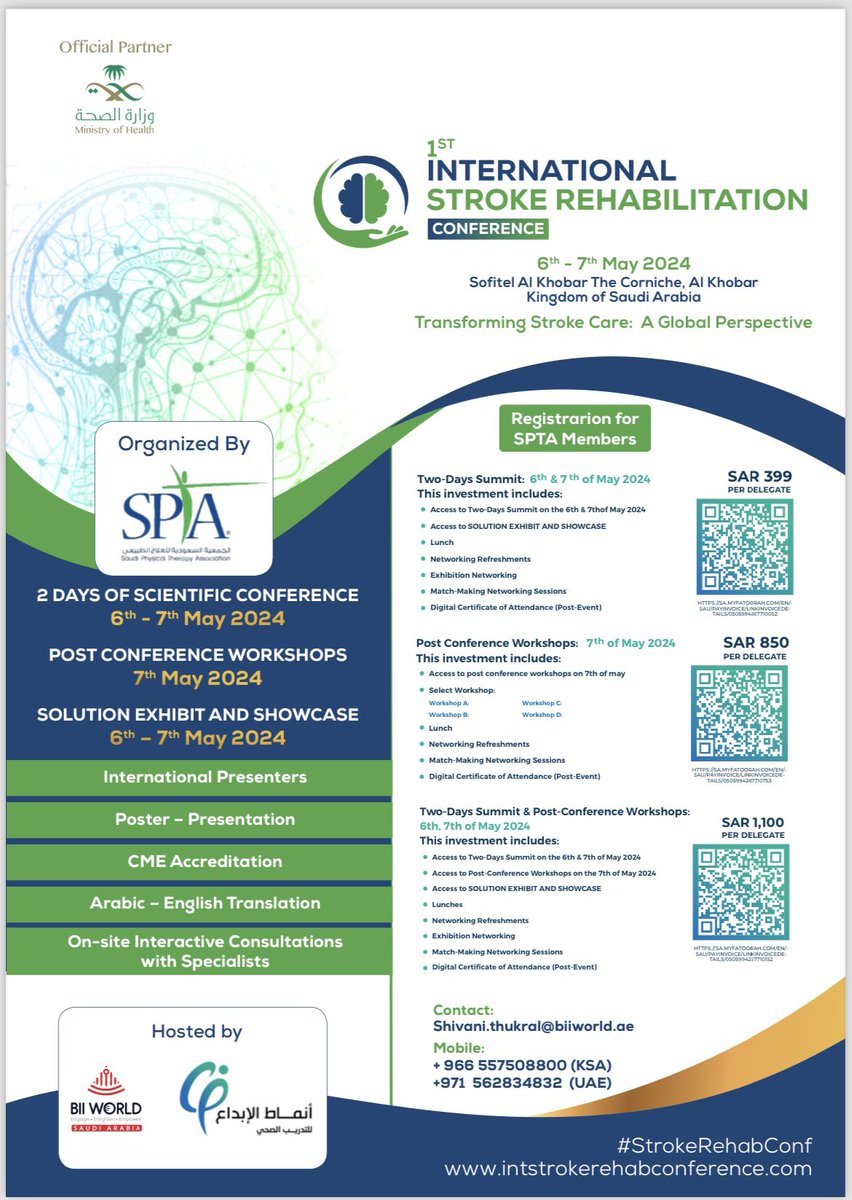 Register for the First International Stroke Rehabilitation Conference to elevate your expertise in stroke rehabilitation. Registration barcodes for SPTA members, non-SPTA members, and students are attached in the posters.