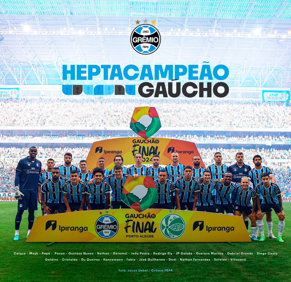 Gremio's tweet image. SOMOS CAMPEÕES: #Grêmio 3x1 Juventude
PODE GRITAR, GREMISTADA! SOMOS SETE VEZES SEGUIDAS CAMPEÕES GAÚCHOS! Com um gol do Cristaldo, um do Diego Costa e outro do Nathan Fernandes vencemos o Juventude em um duelo digno de final de Gauchão!
#GRExJUV #GrêmioHep7a #Gauchão2024