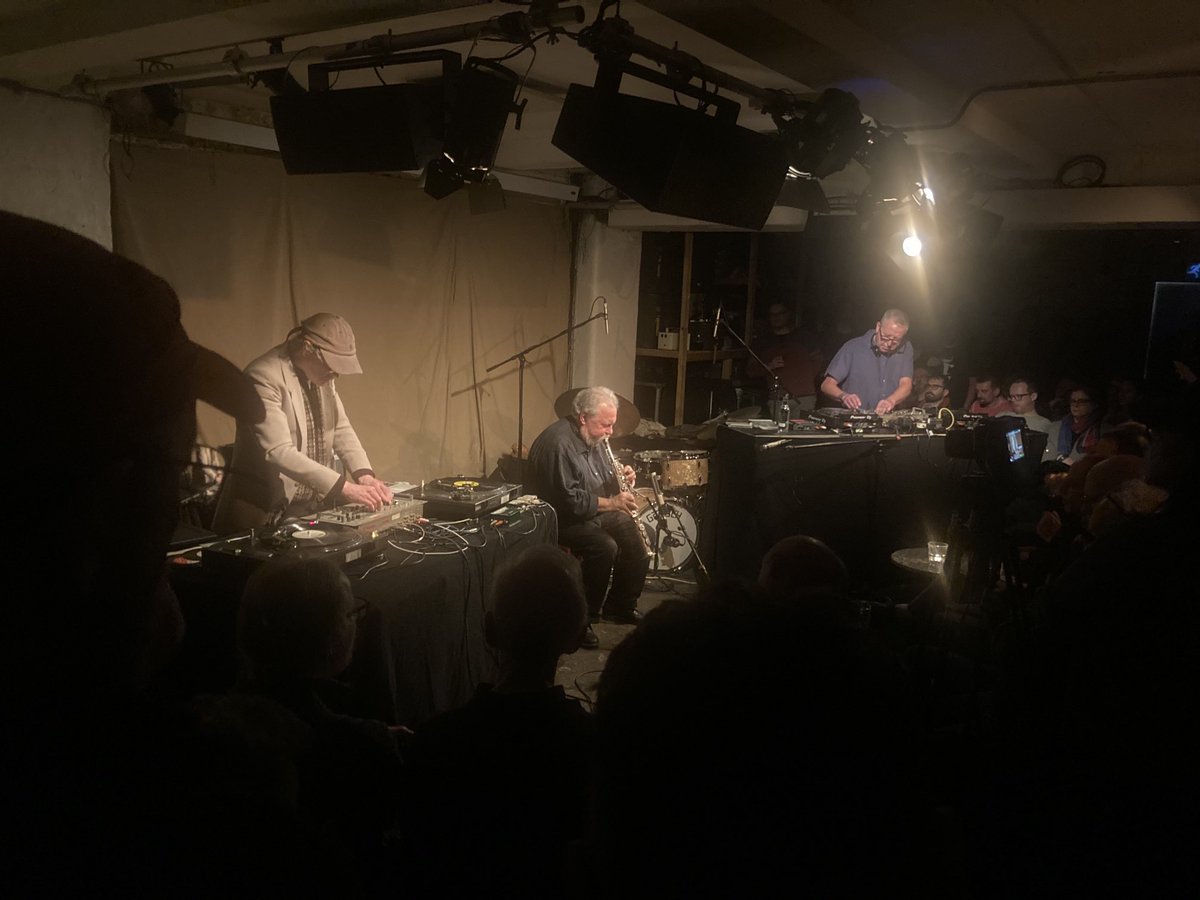 Evan Parker celebrating his 80th birthday at a packed Cafe Oto tonight flanked by Spring Heel Jack’s John Coxon and Ashley Wales.