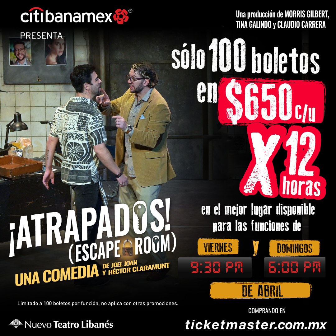 Solo tienen 12 horas para aprovechar esta promoción y quedar #Atrapados en esta divertida comedia llena de risas, mentiras, secretos y traiciones. ¡Corre tiempo! ⏱️ #PorTiempoLimitado 🚨 Solo 100 boletos en $650  📆 Para viernes y domingos 🎟️ bit.ly/EscapeRoom650