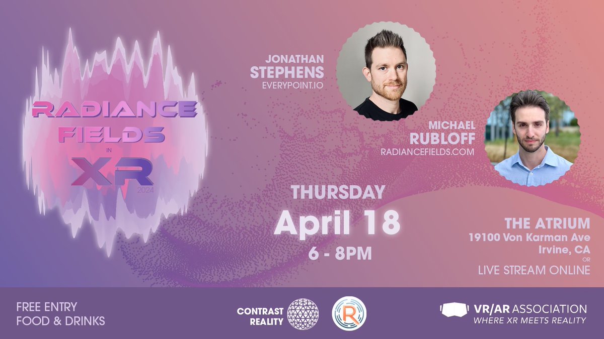 Join us Thursday, April 18th, from 6-8 pm for an exciting evening where we will explore the mesmerizing world of Radiance Fields and dive into cutting-edge technology in XR experiences! 
Reserve a FREE seat here: lnkd.in/gVrxRPUN  
Virtually here: lnkd.in/gKWux8Sa