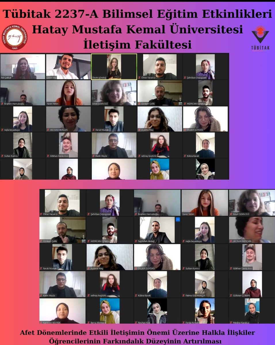 Tübitak 2237 Bilimsel Eğitim Etkinliklerini Destekleme Programı kapsamında Mustafa Kemal Üniversitesi bünyesinde yaptığımız “Afet Dönemlerinde Etkili İletişimin Önemi Üzerine Halkla İlişkiler Öğrencilerinin Farkındalık Düzeyinin Artırılması” projemizi başarı ile tamamladık.