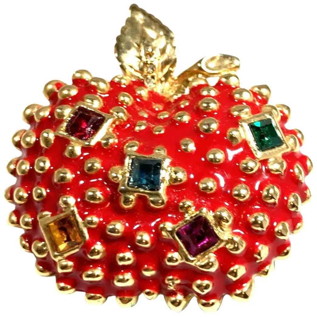 Red Enameled Textured Apple Brooch with Square Rhinestone Accents #rubylane #vintage #retro #brooch #FunFigurals #vintagejewelry #giftideas #jewelryaddict #vintagebeginshere #mothersday2024Unusual rubylane.com/item/136230-E1…