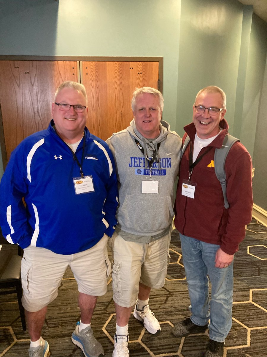 Former state champion teammates/classmates Paul Raddatz, Dave Ladd, and Scott Walquist caught up on old time during the @MFCA_now Clinic. Only missing Coach Andy Rostberg and Coach Kucera, the latter of whom had to leave early to coach HHS softball, or some other such nonsense.