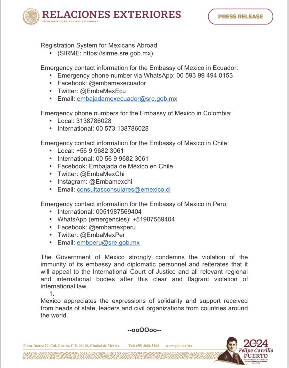 PRESS RELEASE. “Mexico reiterates its condemnation of the violation of the immunity of its embassy in Quito and the aggression against its personnel.” At the instruction of President Andrés Manuel López Obrador, the Secretary of Foreign Affairs, Alicia Bárcena Ibarra, is