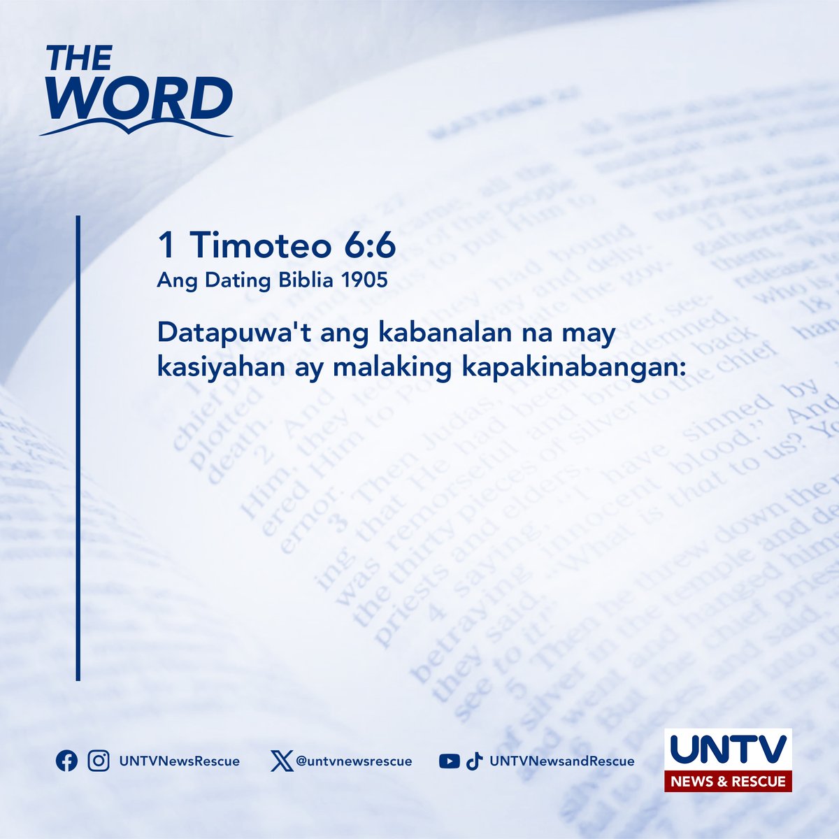 UNTVNewsRescue's tweet photo. THE WORD | 1Timoteo 6:6 (ADB 1905) — April 10, 2024

Datapuwa't ang kabanalan na may kasiyahan ay malaking kapakinabangan: https://t.co/9Cq3KjsnEI