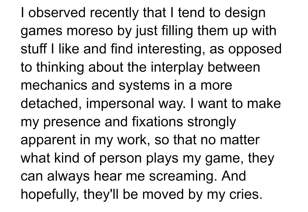 In recent times some game designers are getting into viewing their work as conversations...what does this mean? this essay goes into it! I quite like the idea of 'filling (games) up with stuff I like and find interesting'.